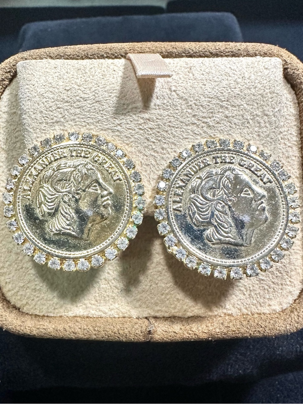 Vtg: Rhinestone Alexander the Great Coin Clip on Earrings